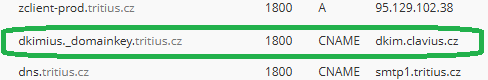 DNS záznam dkimius typu CNAME, webově
